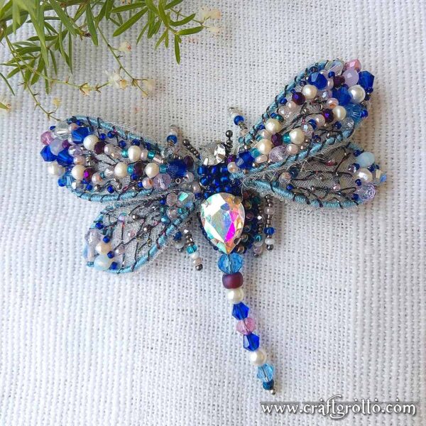 'Evening Dew Dragonfly' Beaded Brooch - Handcrafted, designer jewelry